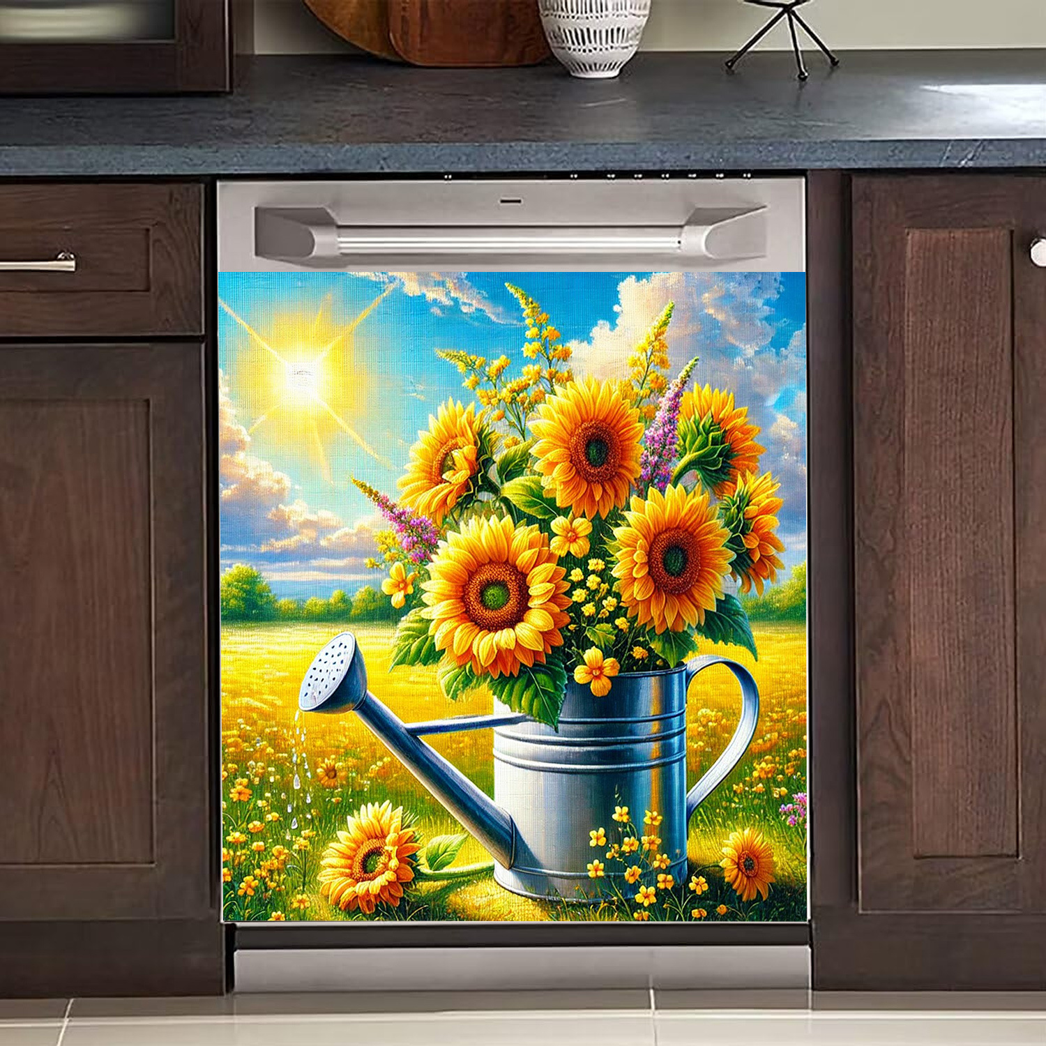 

1pc Sunflower Watering Can Dishwasher Magnet Cover, Vinyl & Pvc, & Easy To Clean, No Electricity Required, With Kitchen Decor For Party Supplies Set