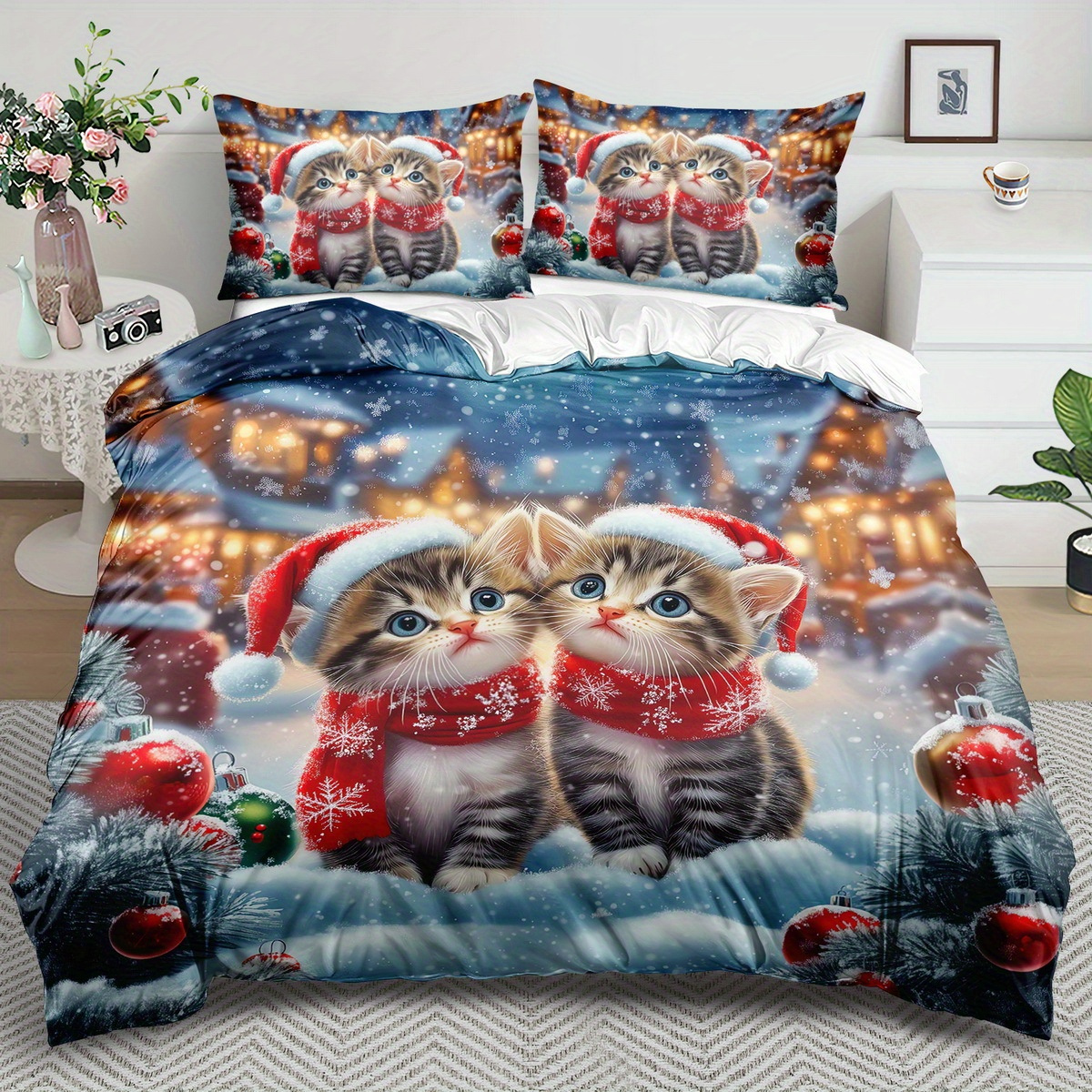 

Cat Theme Set - 2/3pcs, , Comfortable And , Christmas Bedding Set, Christmas Set, 100% Washable, Suitable , Suitable For Bedroom Or , Including 1 + 1 Pillowcases, Does Not