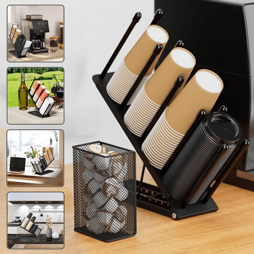 Image of 1pc Cup And Lid Holder - Adjustable Coffee Mug Holder Organizer 4 Compartments Disposable Cup Dispenser With Coffee Pod Straw Storage Basket For Coffee Station Bar Countertop