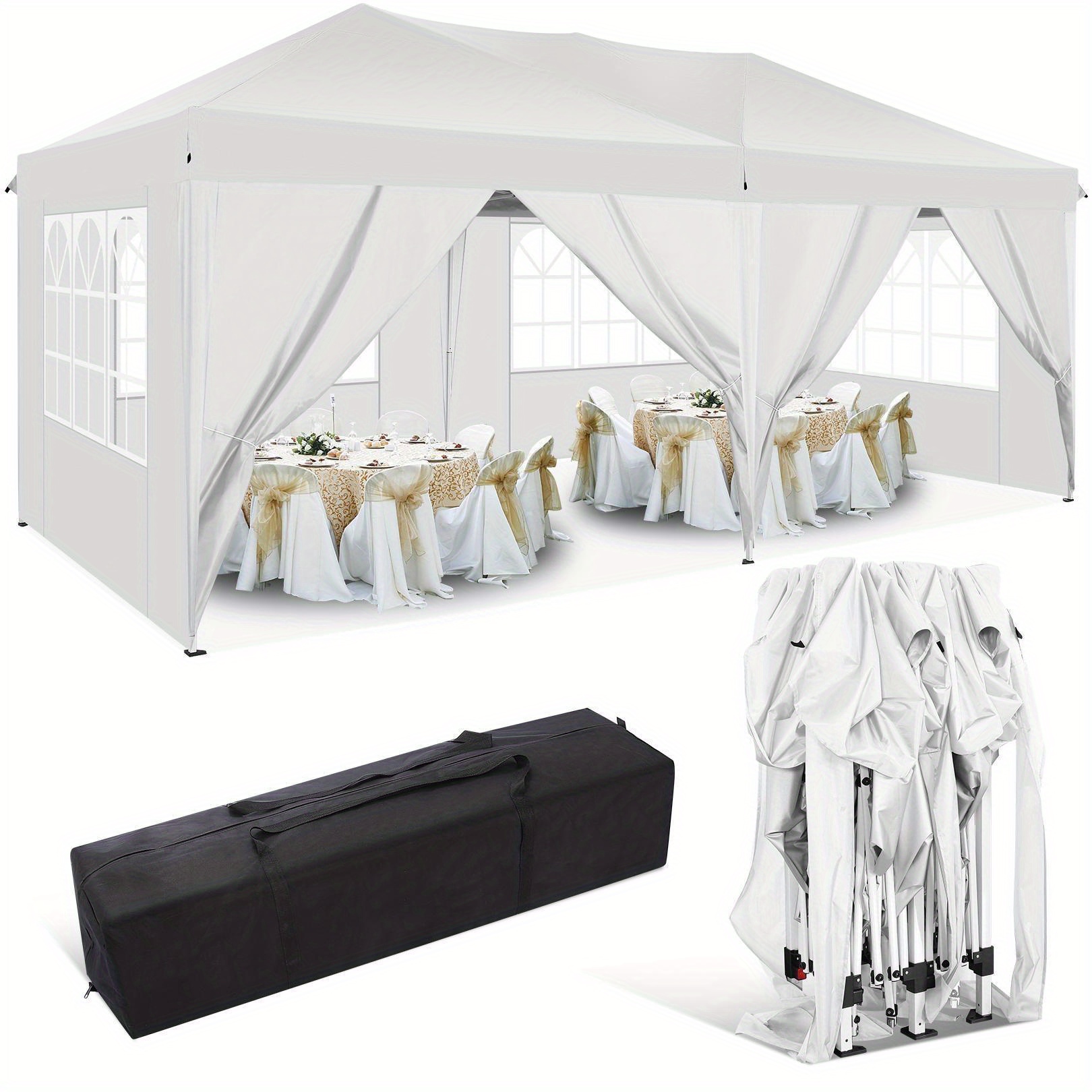 TEMU Tente auvent déployable 3x6m-3x3m avec 6 parois latérales amovibles (tissu Oxford 420D), livrée avec sac de transport et accessoires, facile à
