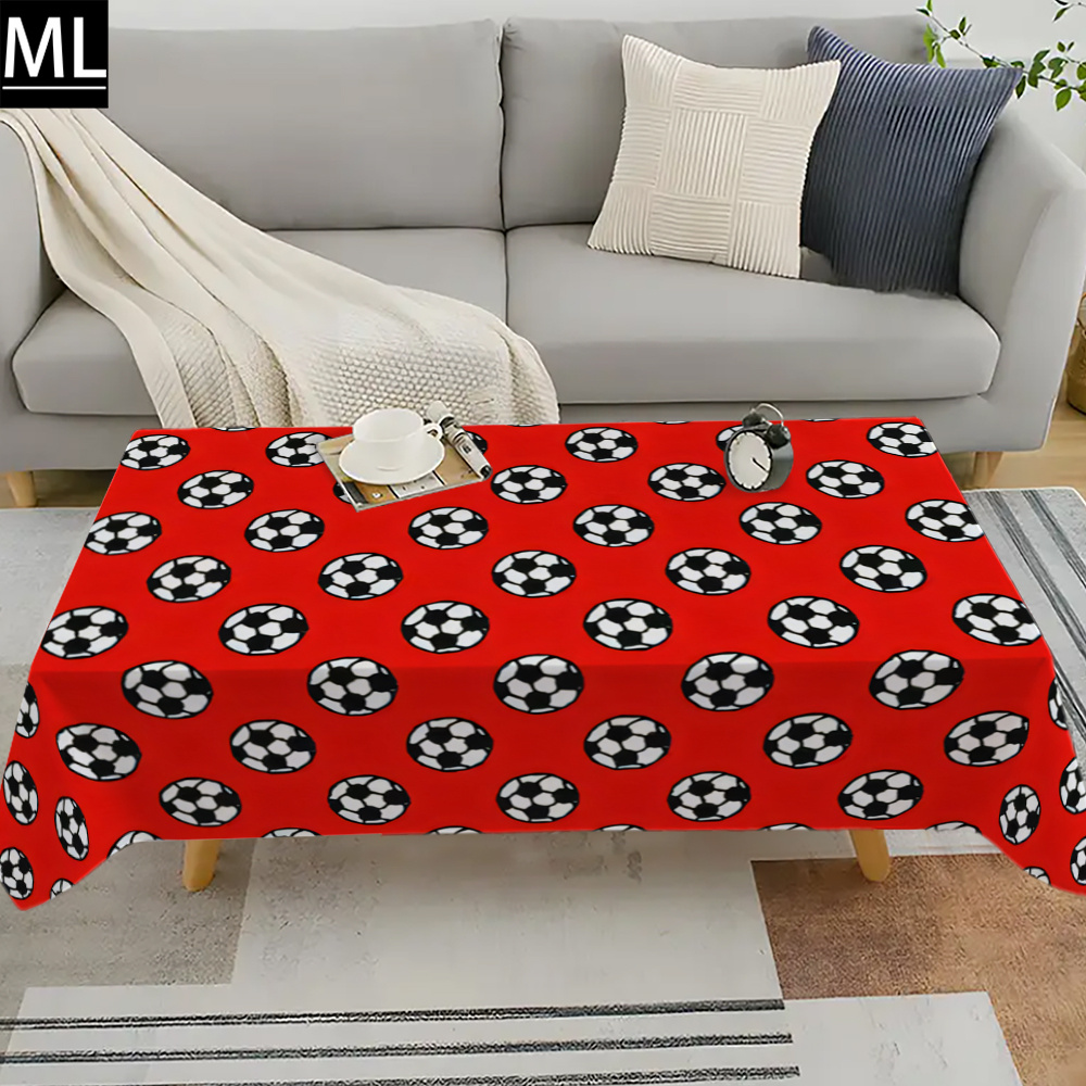 TEMU 1pc, Red Background Classic Soccer Pattern Tablecloth, Polyester Printed Tablecloth, With Solid Red As Color And A Full-print And White Soccer