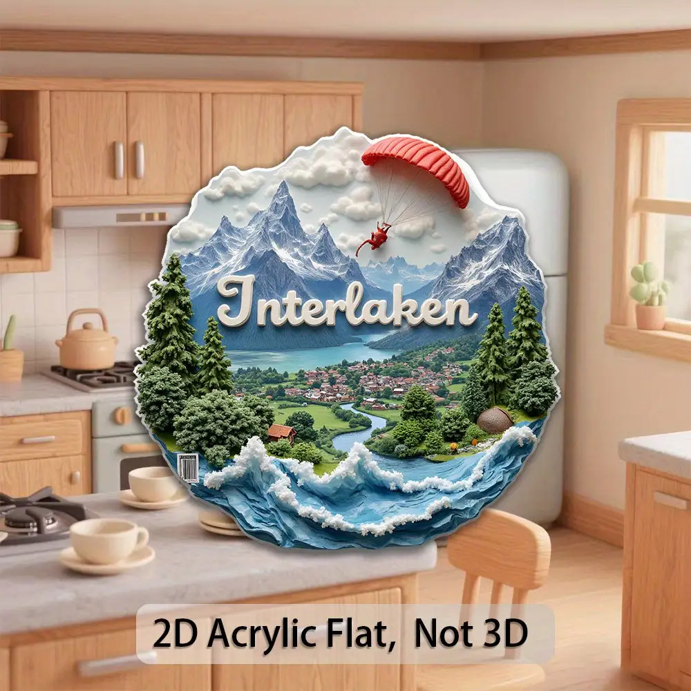 TEMU 1 x 2D platte acryl magneet Zwitserse | Interlaken Zwitserland koelkastmagneet met rode parachuttedecoratie - Stevig acrylmateriaal, geschikt