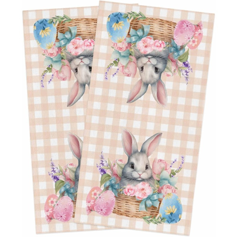 

2-pack Easter Bunny Kitchen Towels, 18x26 Inch Polyester Hand Towels With Contemporary Buffalo Check And , Machine Washable, Super Soft Character Themed Dish Cloths For Home Use