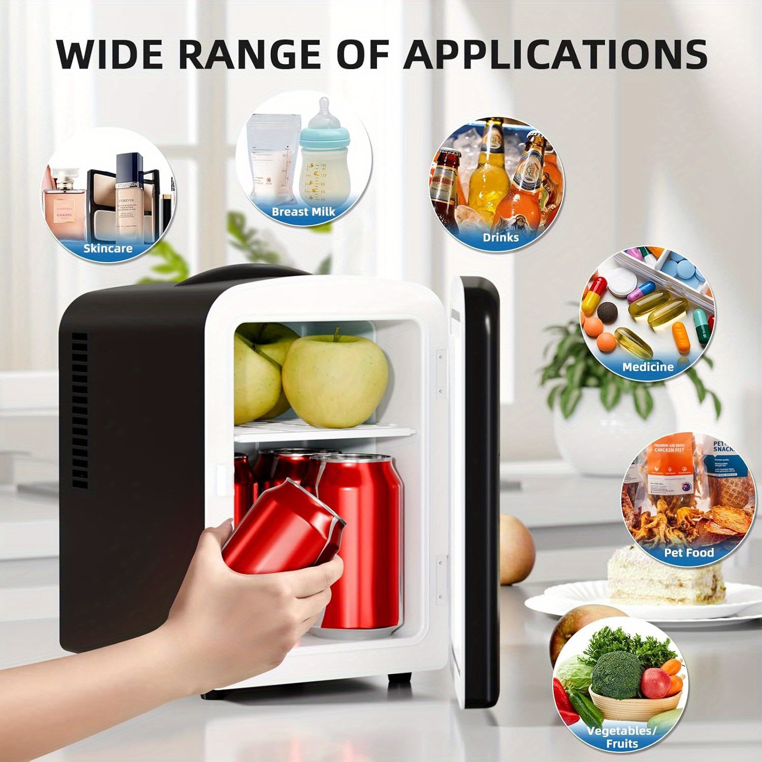 Portable Mini Fridge with Top-Mounted Door - 1.06gal Capacity, 6 Cans Storage, Compact Design for Bedroom, Car, Office & Dorm - Ideal for Cosmetics, Beverages & Food - Black PVC Square Cooler with Semiconductor Technology, 110-130V US Plug, Car Beverage Storage | Sleek Compact Design | Stylish Cooling, Mini Refrigerator