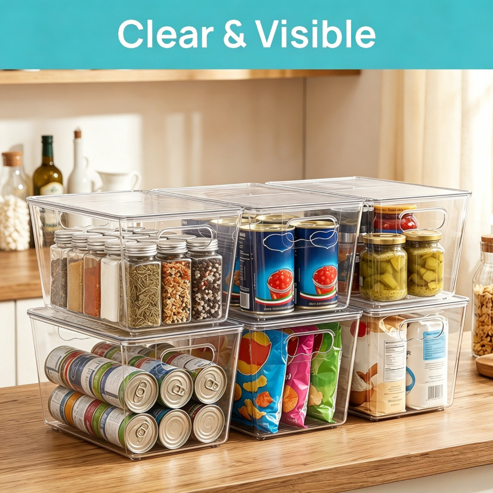 6-pack Clear Stackable Storage Bins With Lids, Large Plastic Containers With Handle For Pantry Organizer And Storage, Perfect For Bathroom, Cabinet, Kitchen, Fridge, Closet Organization