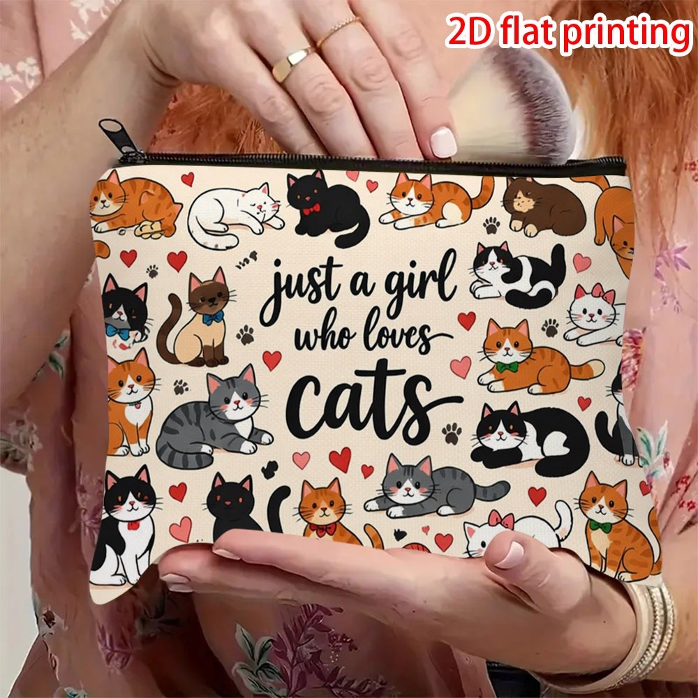 TEMU 1pc, Cute Kitten And Heart Paw Print Makeup Bag, Featuring " Who Cats" Pattern, Soft And Durable Pouch, Multi-functional Organizer, Ideal For