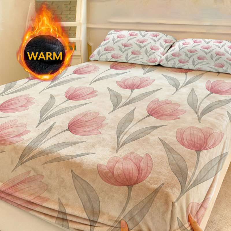 TEMU Pink Tulip Watercolor Print Milk Velvet Fitted Sheet, Independent Deep -enclosure Non-slip Mattress Protector, Suitable For All Sizes Twin,