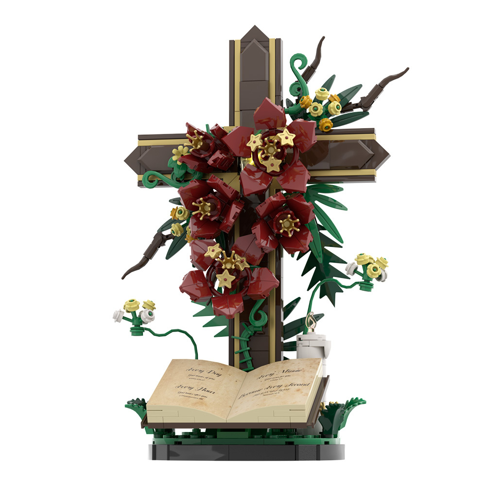 382pcs Cross With Floral Model - Gothic Religious Devotional Building Set - Elegant Display For Christian & Spiritual Decor Lovers
