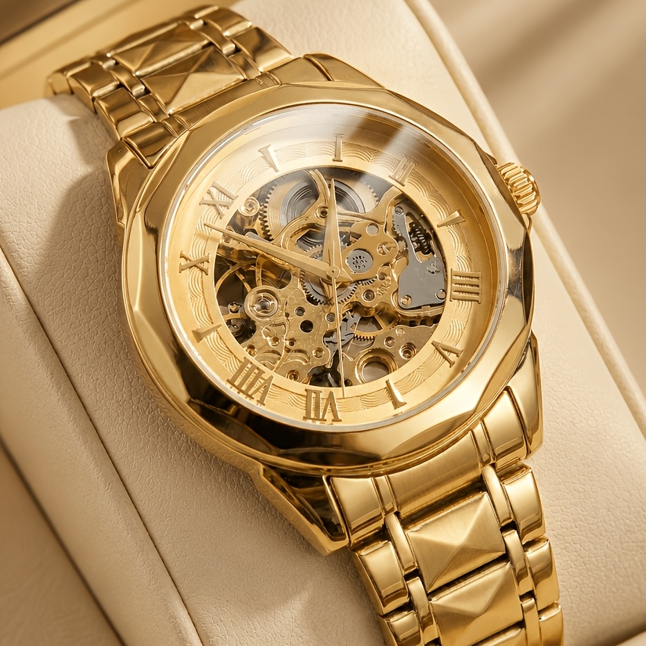 1pc Men's Hollow Mechanical Watch With Roman Markers, Business Casual Stylish , Ideal Gift, Without Battery