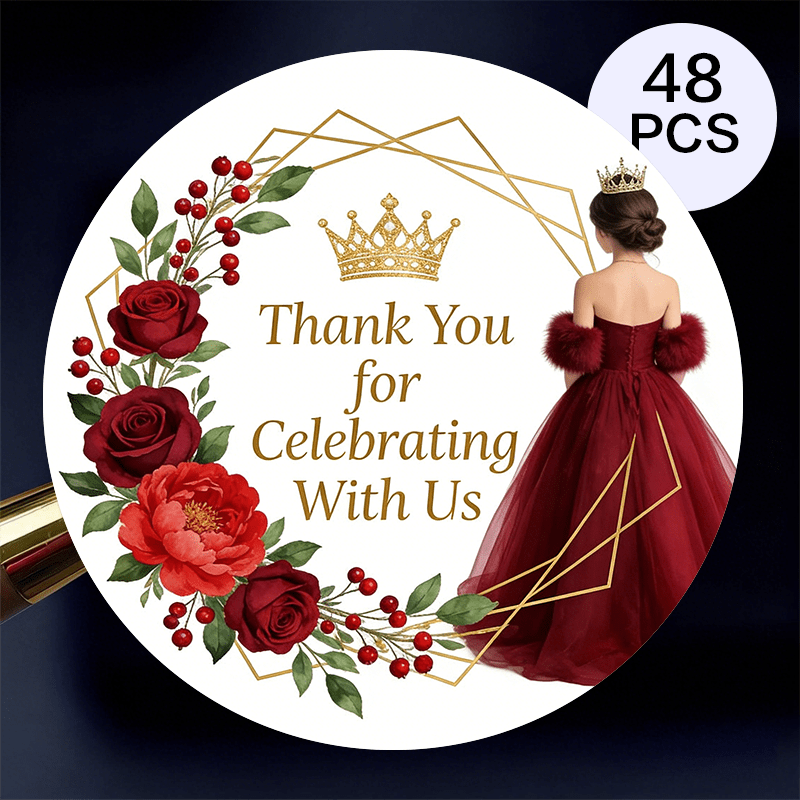 TEMU 48pcs Thank You For Celebrating With Us Round Stickers, Red Rose Princess , Self-adhesive Gift Sealing Labels For Wedding Favors, Bridal Shower,