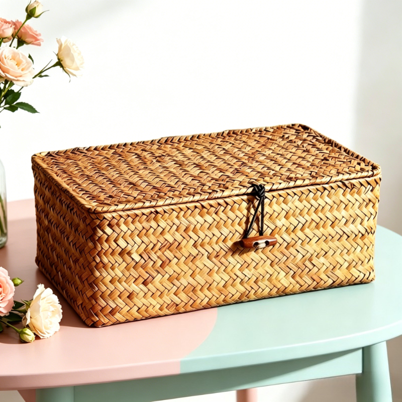 TEMU Extra Large Size For Home Storage Basket, 11.61 X 7.68 X 4.92 Inches, Vintage Hand Woven Storage Basket With Lid, Cosmetics Storage Box, Desktop