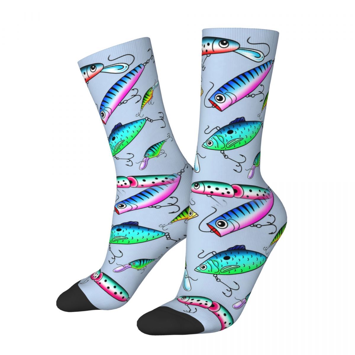 

1 Pair Fishing Lure Novelty Crew Socks, Unisex, Polyester & Spandex , Knit Fabric, Machine Washable, With Random Print Pattern