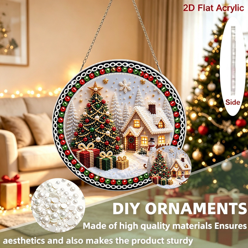 TEMU 2d Flat Printing, Pearl New Acrylic Pendant, Winter Christmas Scenery Acrylic Diamond Pendant Holiday Decoration Pendant With Pearl Edging Home