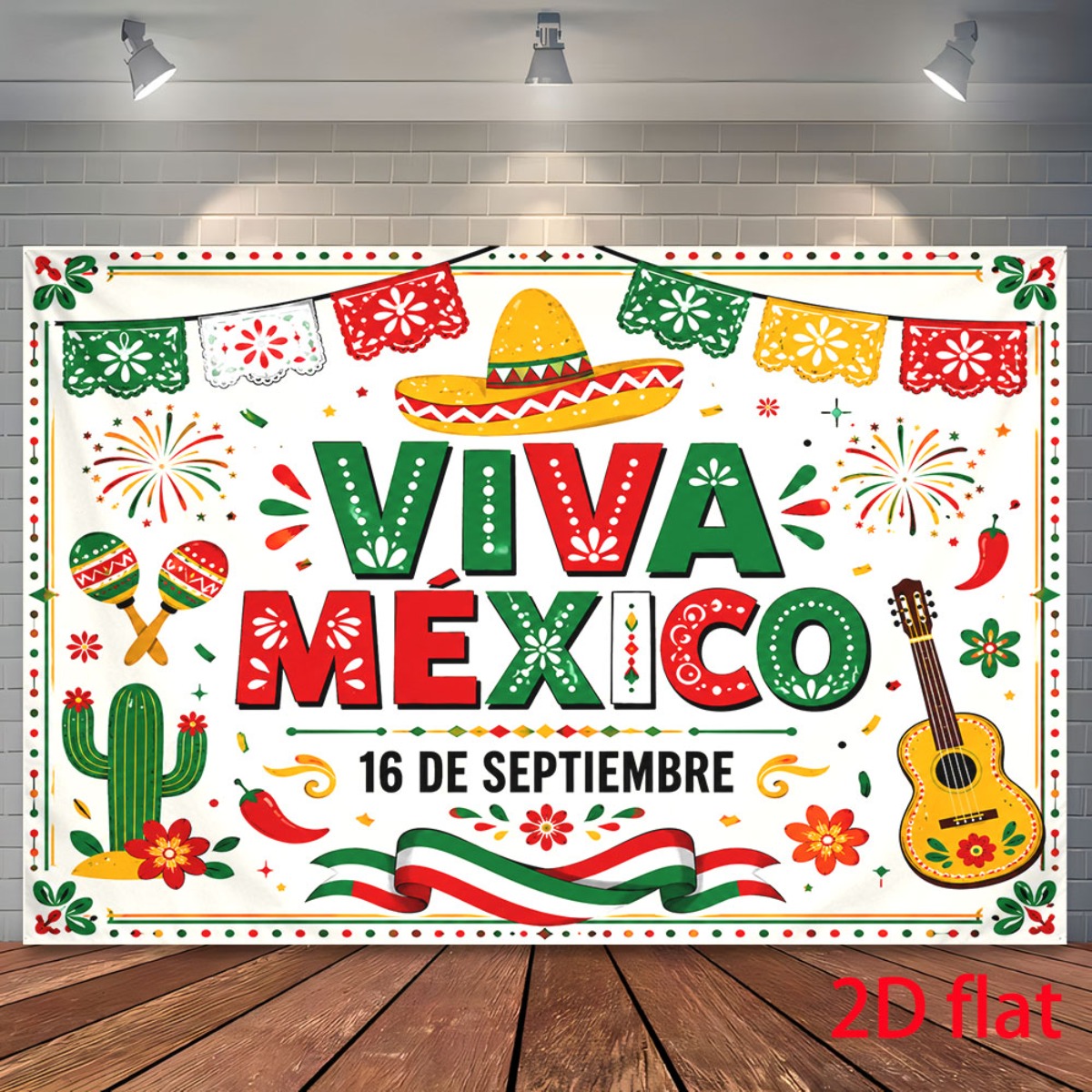 TEMU 2d Flat, 1pc, Viva Mexico Backdrop Featuring Colorful Sombrero, Maracas, Guitar, Cactus, Chili Peppers, Fireworks, Festive Papel Picado Banners,