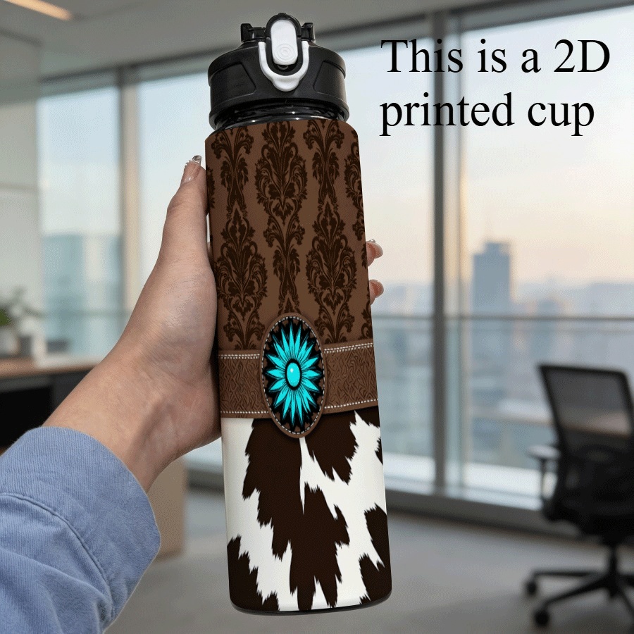TEMU 1pc 25oz/ 750ml 2d Printed Water Bottle With Lid And Straw Travel Drinking Cup. This Pattern Combines Brown Damask, A Tool-ed Leather Strip With