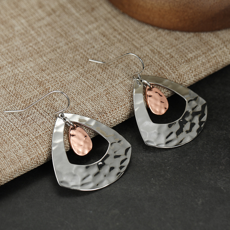 Women's Hammered Teardrop Dangle Earrings, Two-Tone Silvery & Rose Gold