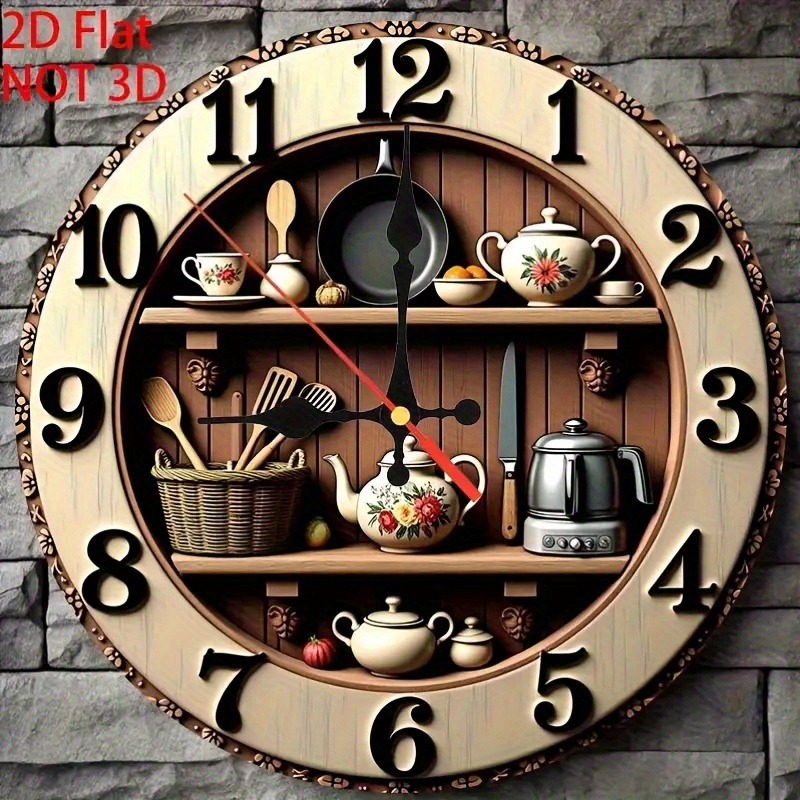 TEMU Single Pack Of Retro Silent Wall Clock - 10-inch Decorative For Kitchen With Cooking Utensil Artwork, Made Of Wood, Quartz Movement (aa Battery