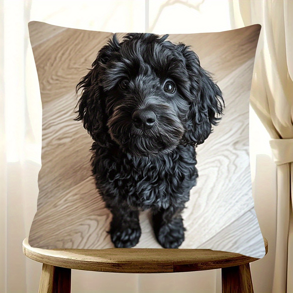 TEMU 1pc Pillowcase, Black Cockapoo Doodle Dog Pillowcase, 45cm X 45cm, Soft Polyester Short Plush Fabric, Single-sided Printed Pattern, For Home