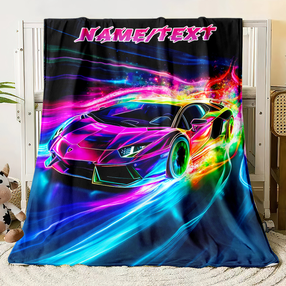 TEMU Custom Name Glowing Sports Car Flannel Throw Blanket, , Lightweight, Warm, Soft, Knitted Polyester, With Tear-resistant, For Sofa, Bed, Travel,