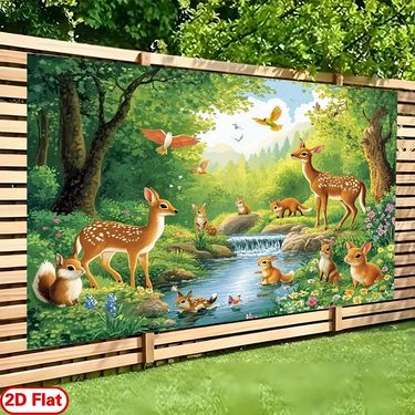 Banner 2D Plano, 2D Plano - 2D Plano, 2D Plano - 2D Plano, 1 pieza, Lindo fondo de dibujos animados de ciervos, conejos, ardillas, pájaros, bosque y arroyo, 179.83 X 229.87 cm, Banner para fiestas, Escena de naturaleza de animales de bosque de ensueño, Decoración para fiestas en dormitorios, salas de estar