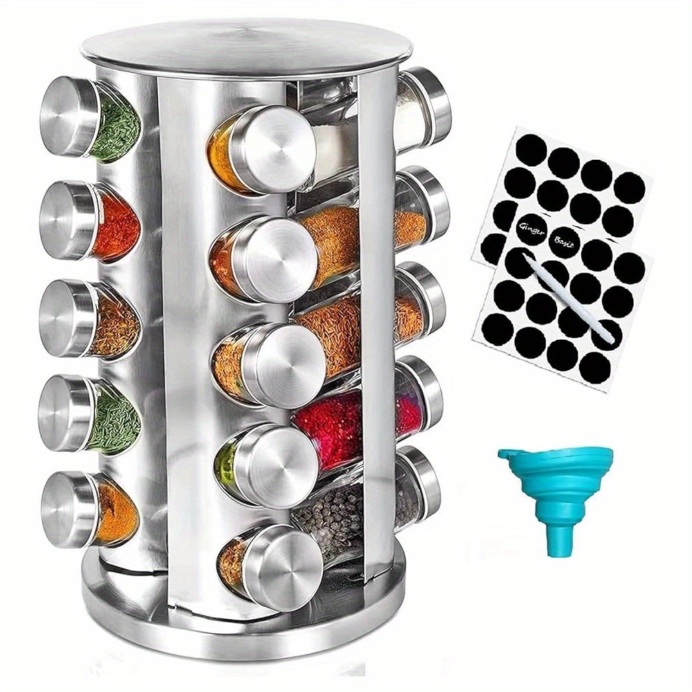 TEMU 1set Rotating Spice Rack With Glass Containers - 20pcs Refillable Spice Jars, Black Lids & Labels, Wall-mounted Kitchen Organizer For Spices,