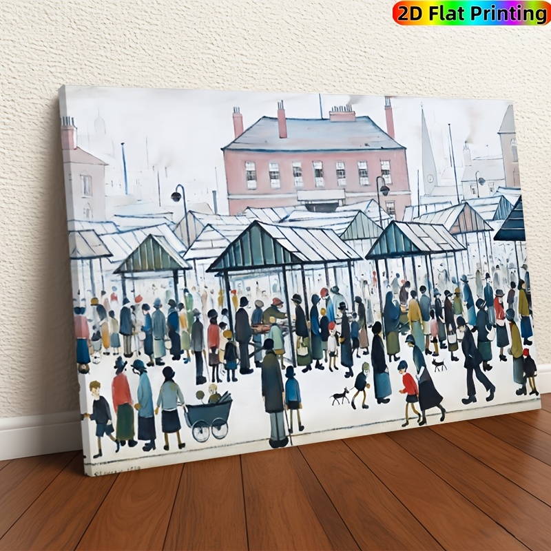 TEMU 2d Flat, 1pc L.s. "northern Town" Framed Painting - Vintage British Suitable For Indoor/outdoor Wall Or Tabletop Display, Wrap-around Canvas