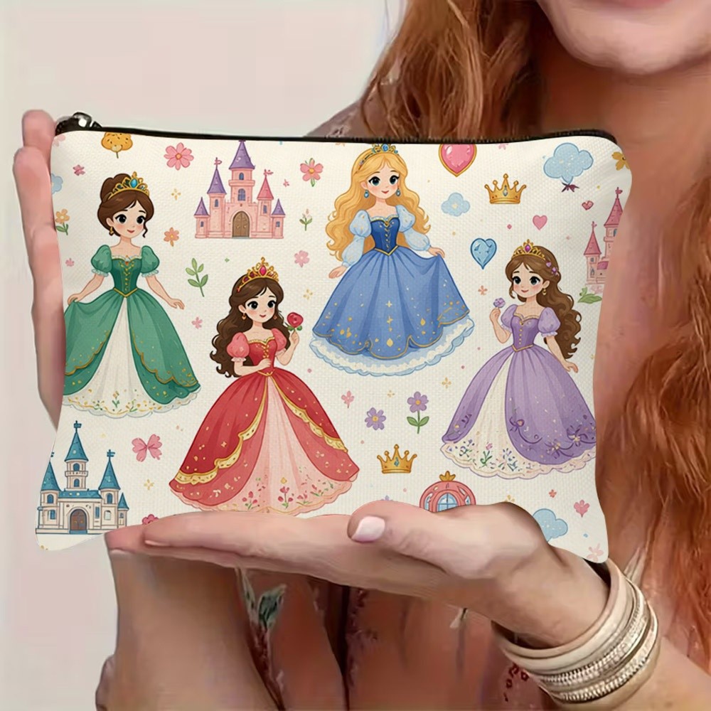 TEMU Trousse de Cosmétique fantaisiste avec imprimé de princesse de de , illustration pastel douce avec châteaux, et décoratifs adorables, pochette à