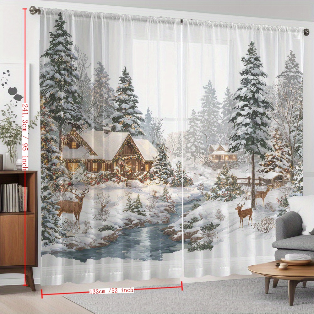 TEMU 2pcs Christmas Snow Scene Wooden House Reindeer Winter Cozy Country Style Printed Home Decoration Sheer Curtains, Flowing Window Drapes Suitable