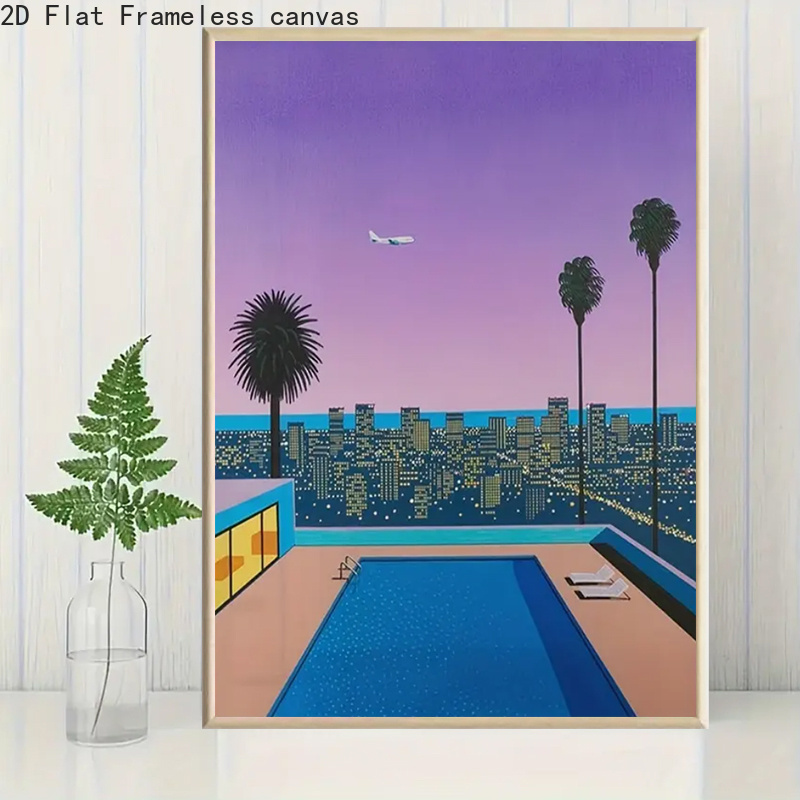 TEMU 2d Flat, Posters & Prints, 2d Flat, Multiple Sizes Available, Frameless, 1pc, Inspired Poster - Vintage Modern Japanese City Pool And Flying Art