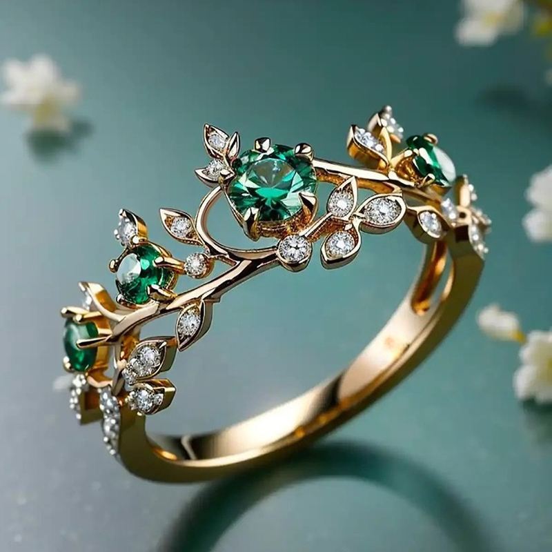 E-shop Modischer Vintage Schmuck – Exquisiter Ring mit grünem synthetischem Edelstein Blumen-Design für Damen – Täglicher Gebrauch, Party, Feiertage,