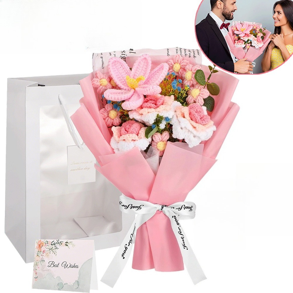 Hand-crocheted Flower Bouquet Gift Box - Includes Complimentary Greeting Card And Gift Bag | Pink, White, And Yellow Faux Roses And Tulips | For Mother's Day, Birthdays, Anniversaries, And Home Decor