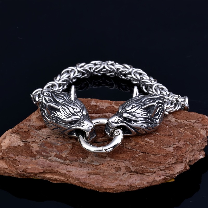 Men's Double Wolf Head Stainless Steel Bracelet, Retro Style
