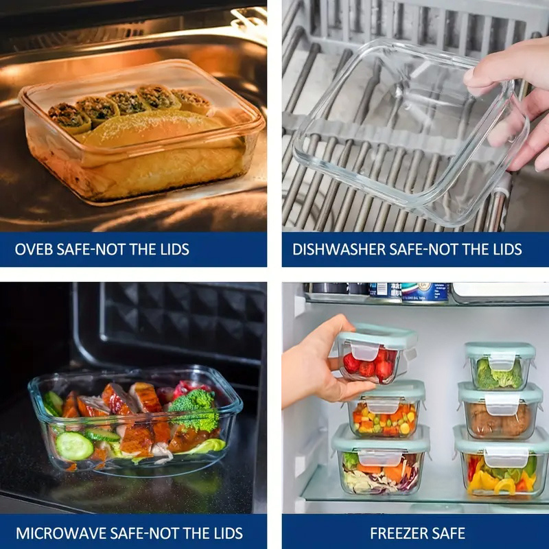 16pcs glass food container set lunch boxes portable storage for microwave and dishwasher locking lid rectangular borosilicate glass for refrigerator and kitchen dining containers 8 lids details 1