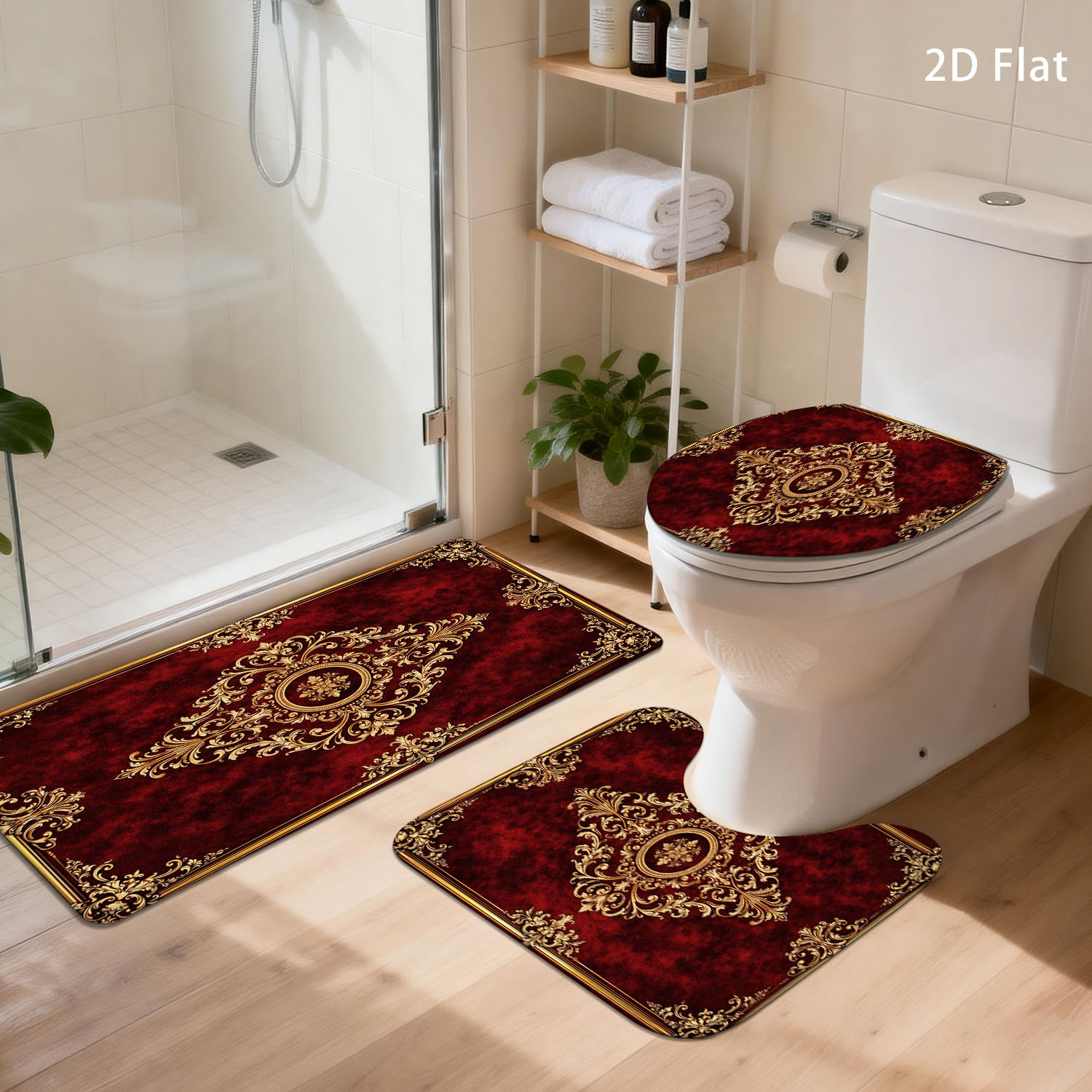 TEMU 2d Flat 1/3pcs Bathroom Anti-slip Mat Set, Red And Golden Vintage Pattern, Home Decor Shower Room Entrance Absorbent Floor Mat, Household Soft