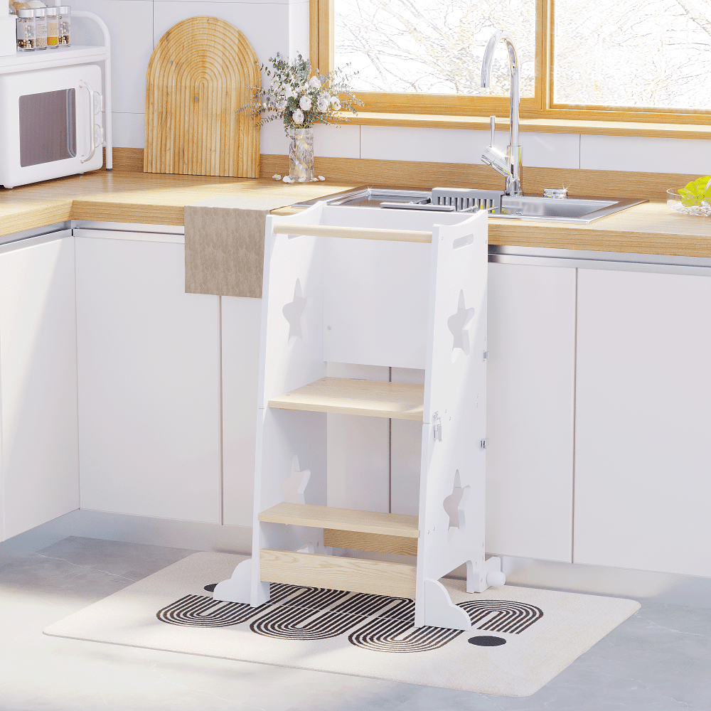 3-In-1 Kitchen Step Stool, Foldable Learning Standing Tower with Blackboard, Wooden Kitchen Stool Helper for Kids, Old Boy Girl Gifts