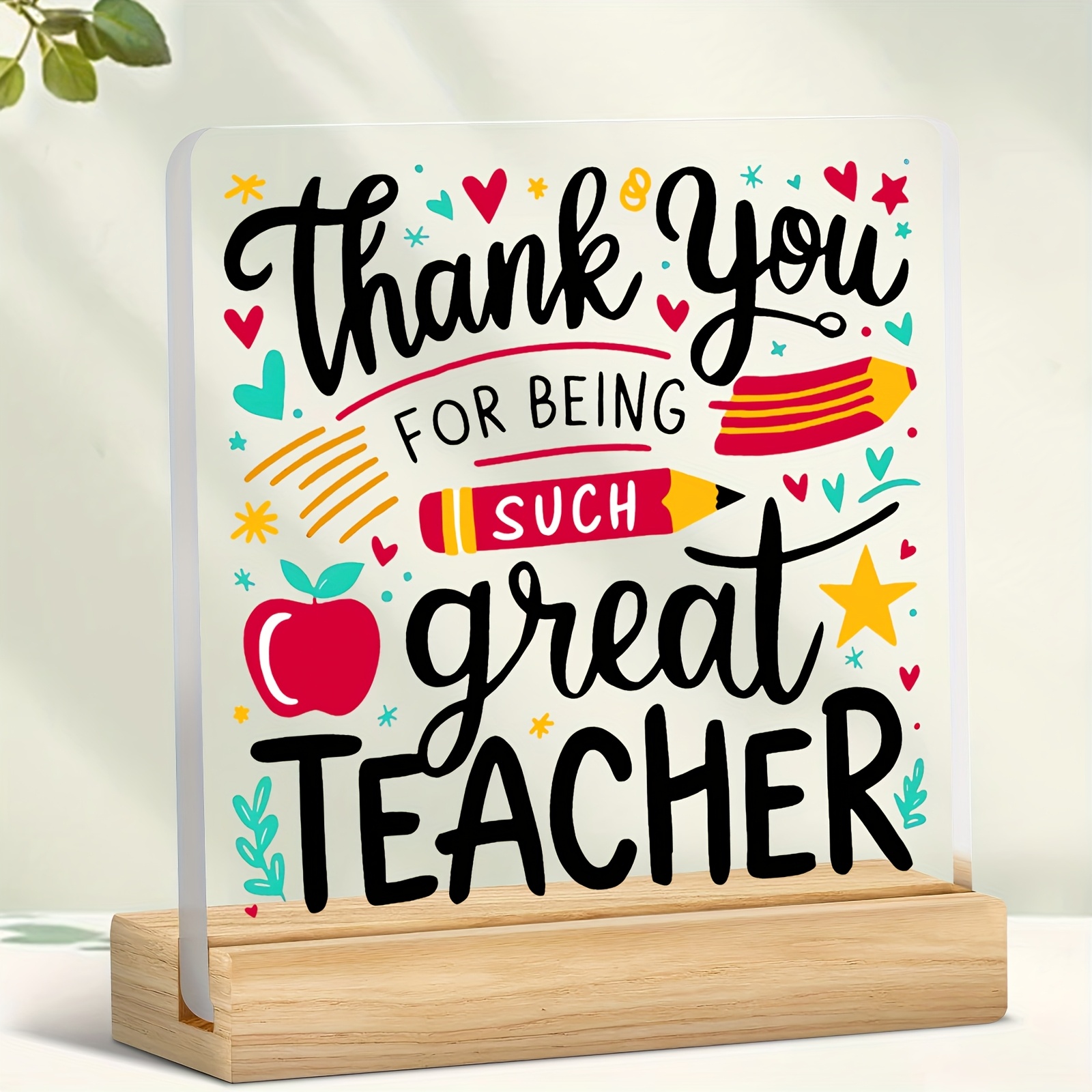 TEMU 2d Flat, A Teacher's Day Acrylic Decoration- "thank You, Teacher, " Featuring Colorful Teaching Elements, An Ideal Desk Decoration To Gratitude,
