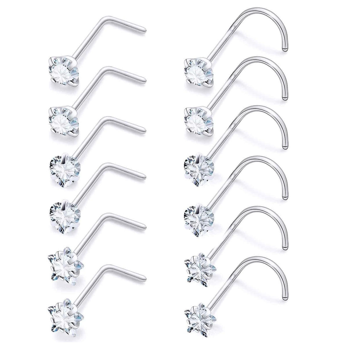 TEMU 12pcs Sets 20g Cz Nose Rings Studs Surgical 304 Stainless Steel L Shaped Screw Hypoallergenic Nose Studs Shiny Cubic Synthetic Cubic Zirconiaia