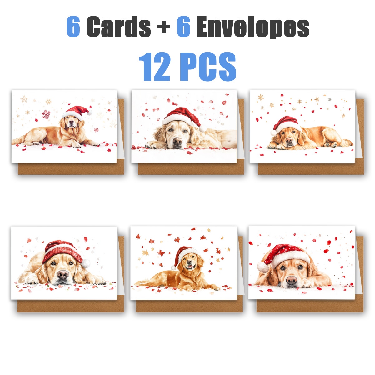 TEMU 1set/ 12pcs/ 24pcs Christmas Greeting Cards With Golden Retrievers Wearing Santa Hats | Includes Envelopes, Greeting Cards | Birthdays,