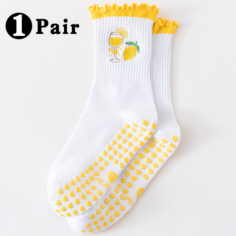 E-shop Niedliche Rüschensocken mit Zitronenstickerei, entwickelt für Barre, Tanz und Fitness, mit Griffschlaufen für sportliche Leistungen