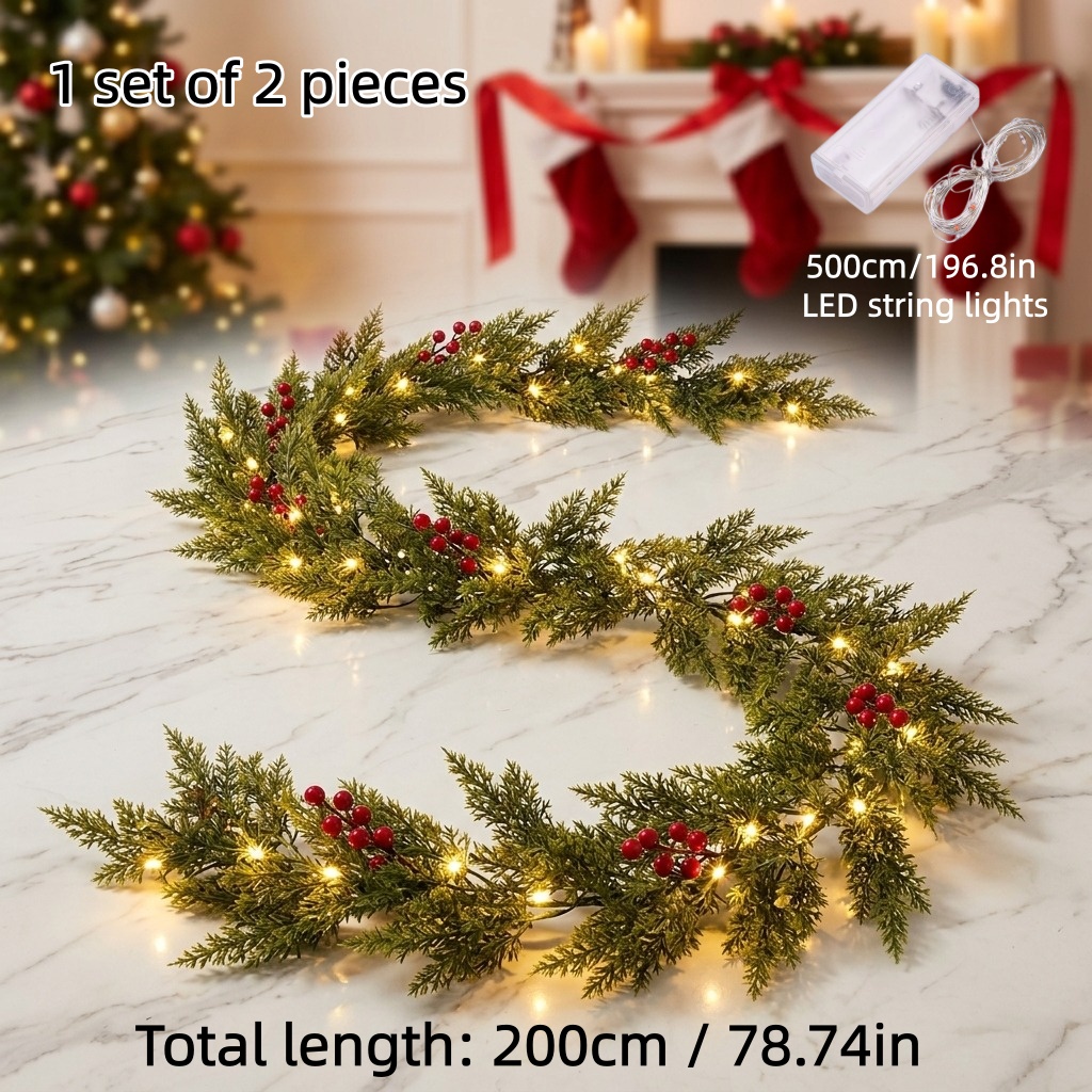 TEMU 2pcs Artificial Cedar Wreaths With Warm White Led String Lights And Red Berries, Plant Vines, 180cm/200cm Battery-powered Christmas Thanksgiving