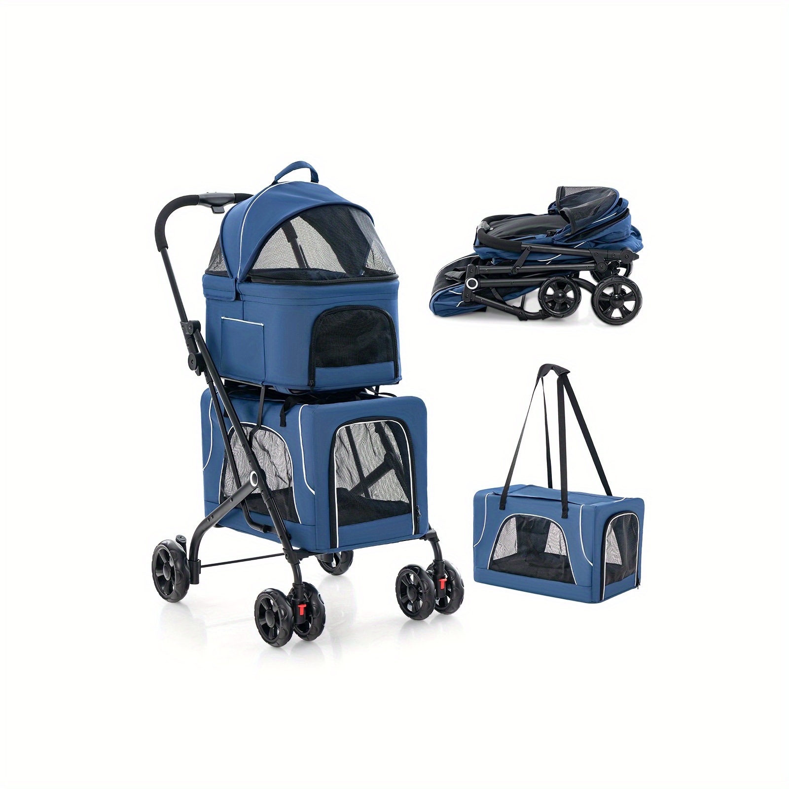 Image of Collapsible Pet Stroller With Safety Harness, Washable Cover, Detachable Cushions, And Wheels For Traveling With Small To Medium Dogs And Cats