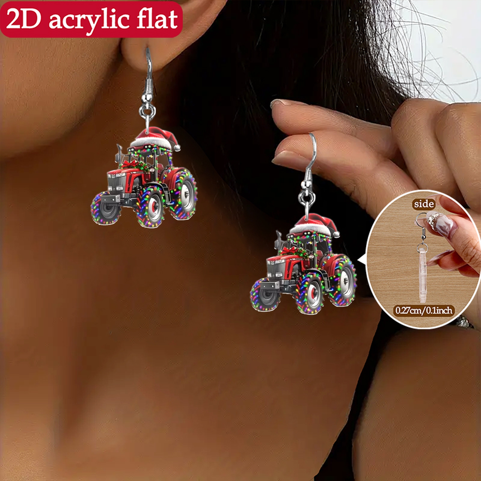 TEMU 2d Flat, 2d Flat 1 Pair Of 2d Flat Acrylic Christmas Themed Earrings, Vintage Christmas Elements With Santa Hat Tractor Design, For Shopping