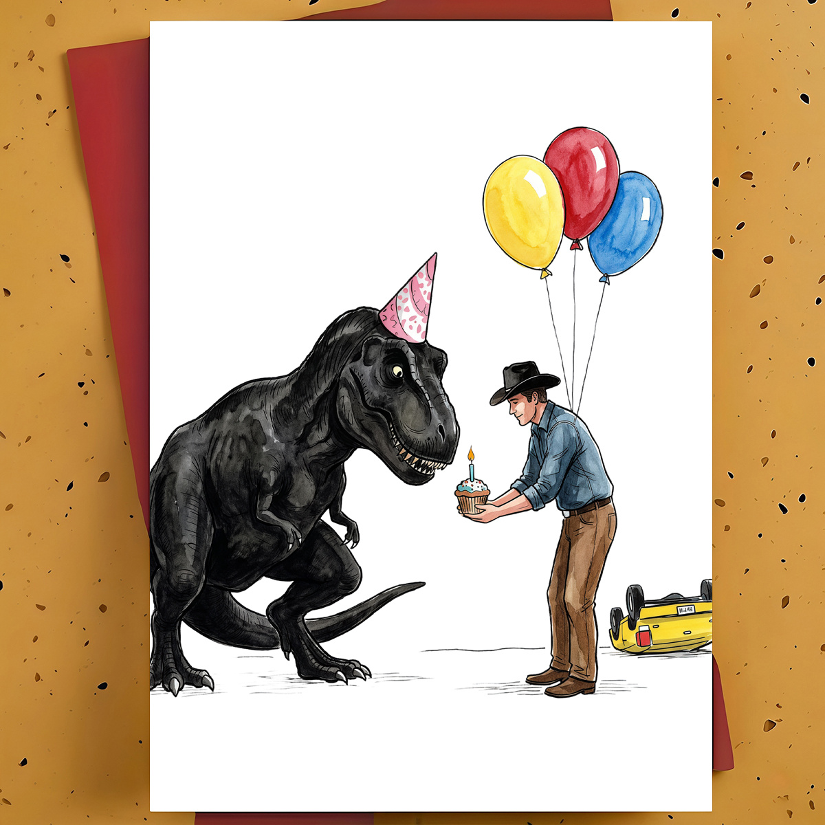 TEMU 1pc Funny Birthday Greeting Card For Friend, Dinosaur Enthusiast – Dinosaur Hand-drawn Watercolor Illustration, Humorous Card, With Envelope