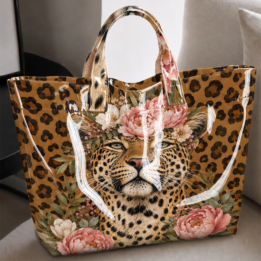 Image of Leopard Print Floral And Leopard Face Print Tote Bag - A Wild Yet Elegant Handbag With A Spacious, Design, Perfect For Commuting, Shopping, Vacation Outfits, Parties, And Casual