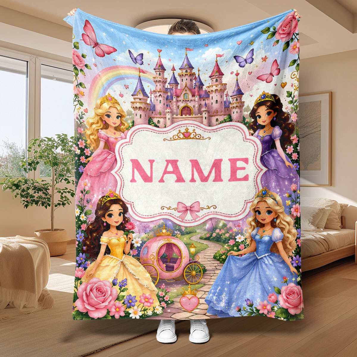 TEMU 2dflat-1pc Personalized Custom Name Blanket - Princess Castle Print Design, Flannel Blanket, Suitable For Sofa, Bed, Travel, Camping - Soft And