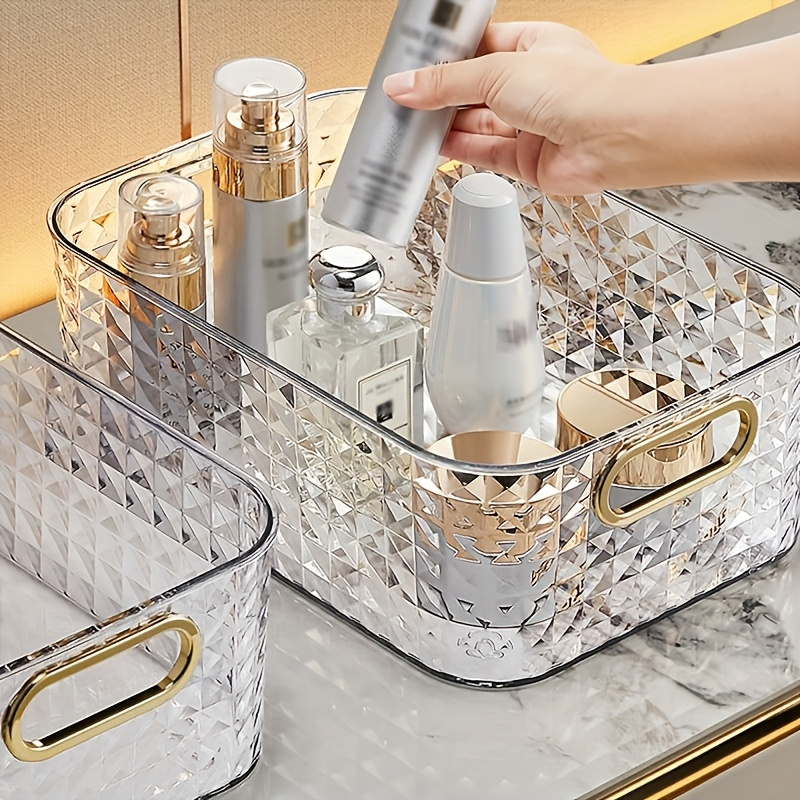 TEMU Desktop Storage Box, Light Luxury Transparent Open Storage Box, Cosmetic Storage Rack, Cosmetic Storage Basket, For Face Masks, Snacks, Desktop