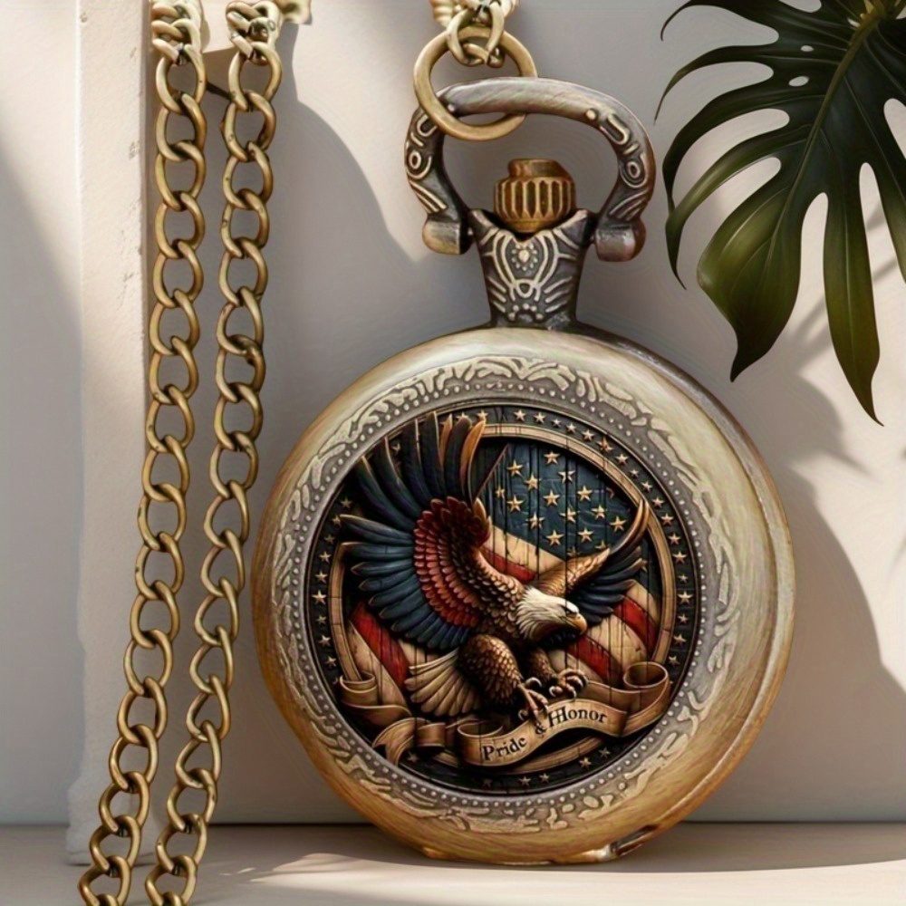 TEMU 1pc Vintage American Flag & Eagle Pocket Watch Fashion Quartz Pocket Watch With Chain, Creative Dressing Watch, Unique New Year Christmas