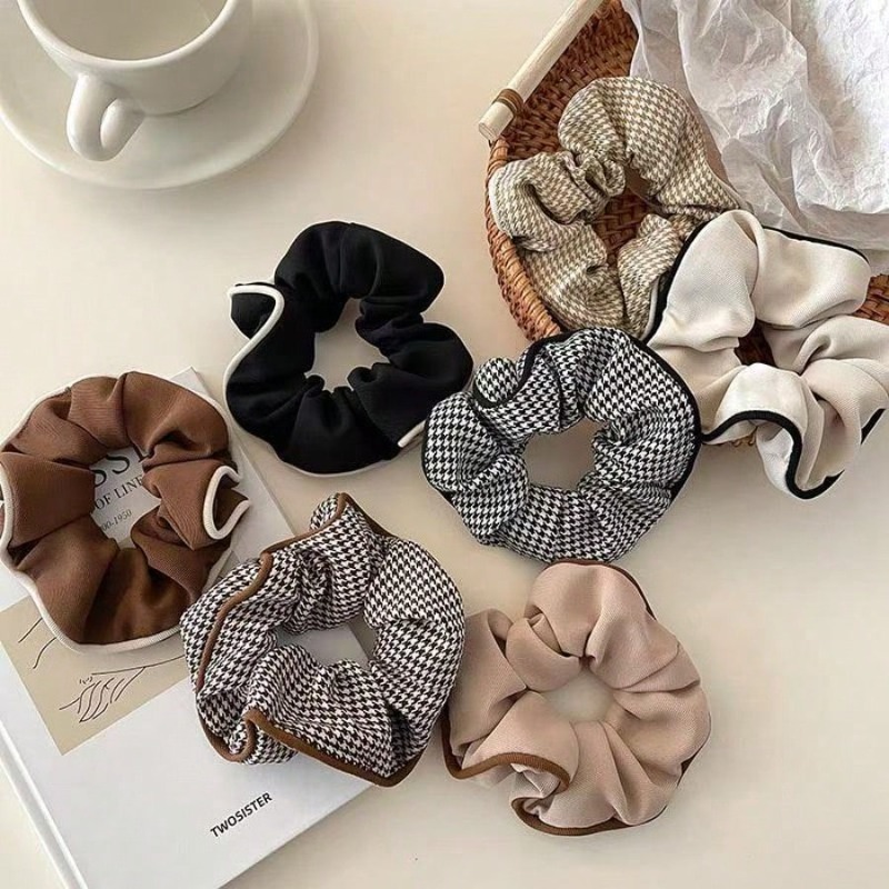 Image of 7pcs Checkered Large Hair Band, Checkered Hair Band, Hair Tie, Hair Accessory, Dark Color Retro Daily Fabric Style