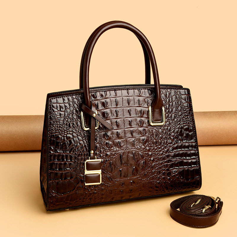 Vintage Genuine Leather Crocodile Pattern Three-layer Large-capacity Women's Bag, Wear-resistant Commuter Shoulder Crossbody Bag, Elegant Women's Mother's Handbag