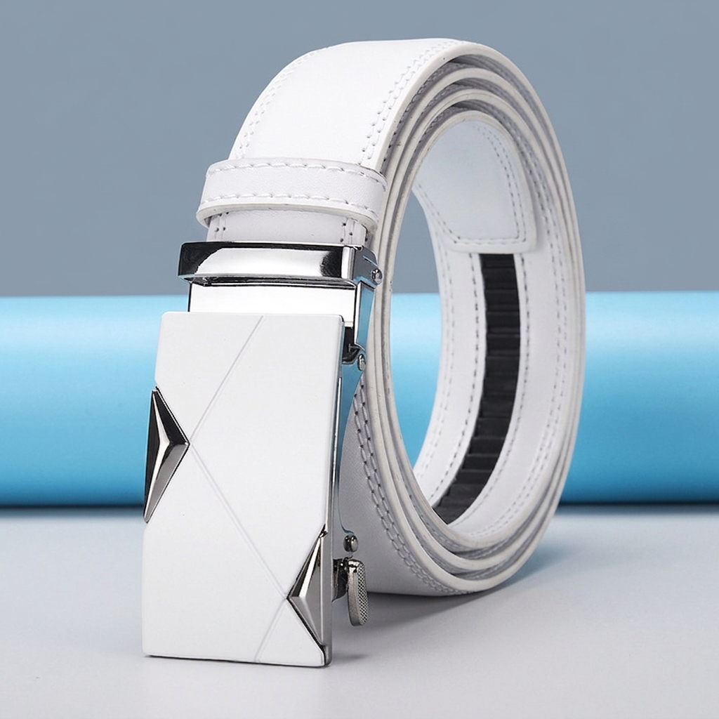 TEMU Ceinture à cliquet blanche pour homme 1.38In, design géométrique, taille ajustable, sangle de taille avec boucle en alliage automatique